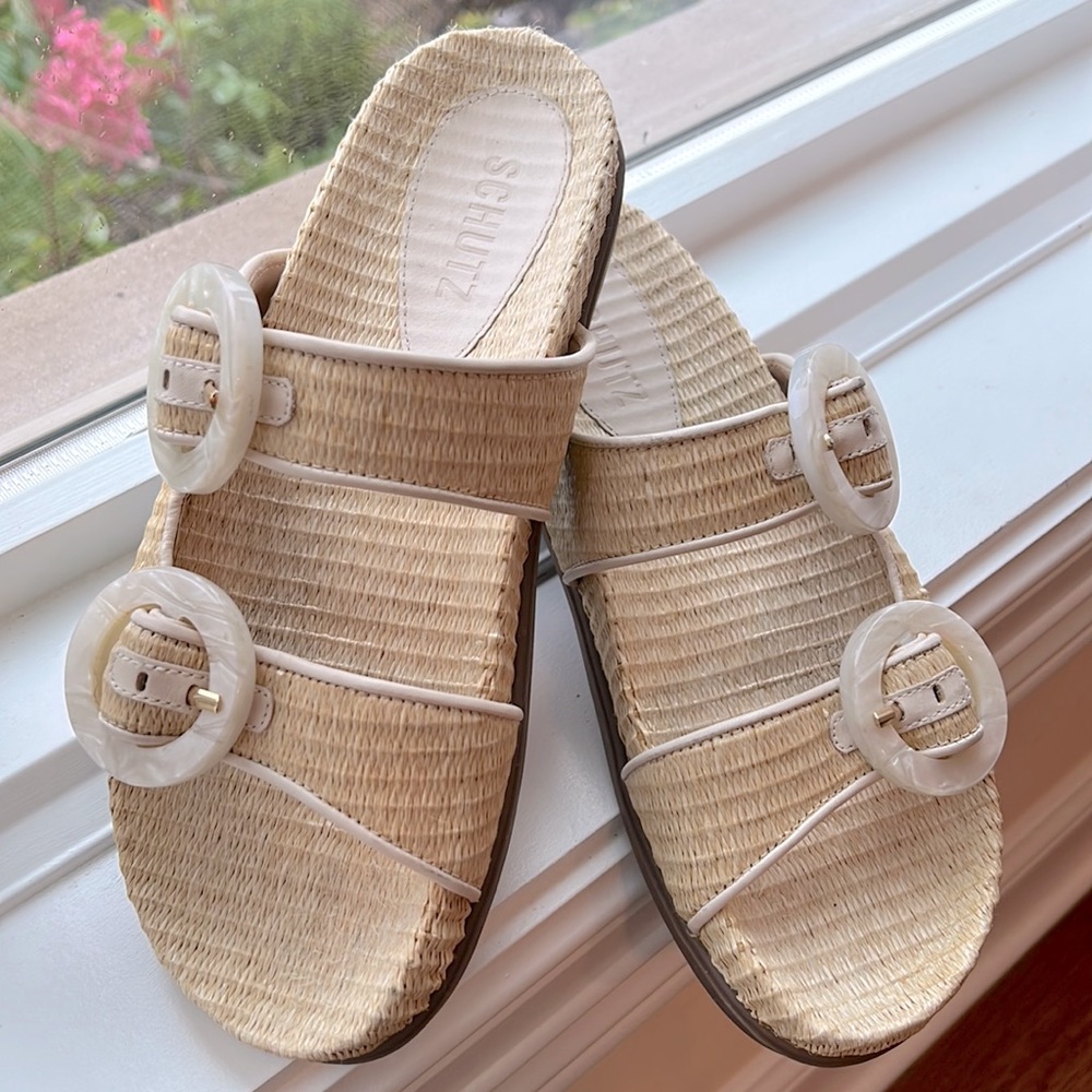 SCHUTZ Coraline Raffia Buckled Footbed Slide Sandals